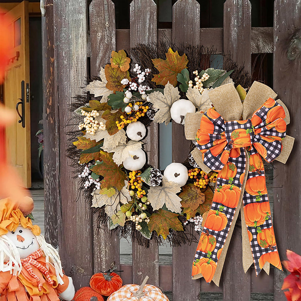 Large Thanksgiving Fall Bow For Wreaths Decorations For Home, Halloween Tree Topper Bow, Pumpkin Bow With Orange Buffalo Plaid Burlap For Front Door Wreath Home Indoor Outdoor Decor