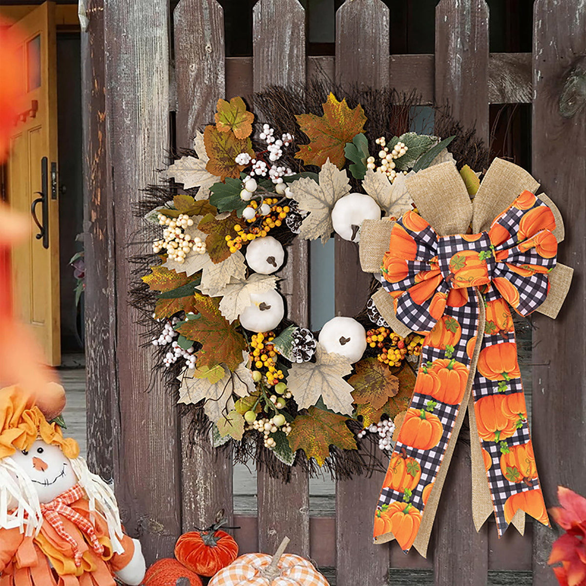 Large Thanksgiving Fall Bow For Wreaths Decorations For Home, Halloween Tree Topper Bow, Pumpkin Bow With Orange Buffalo Plaid Burlap For Front Door Wreath Home Indoor Outdoor Decor