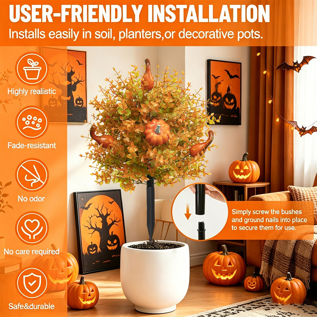 Fall Harvest Pumpkin Eucalyptus Stake, 22 Inch Artificial Halloween Outdoor Decoration, Plastic Floral Arrangement for Garden Pathway Yard