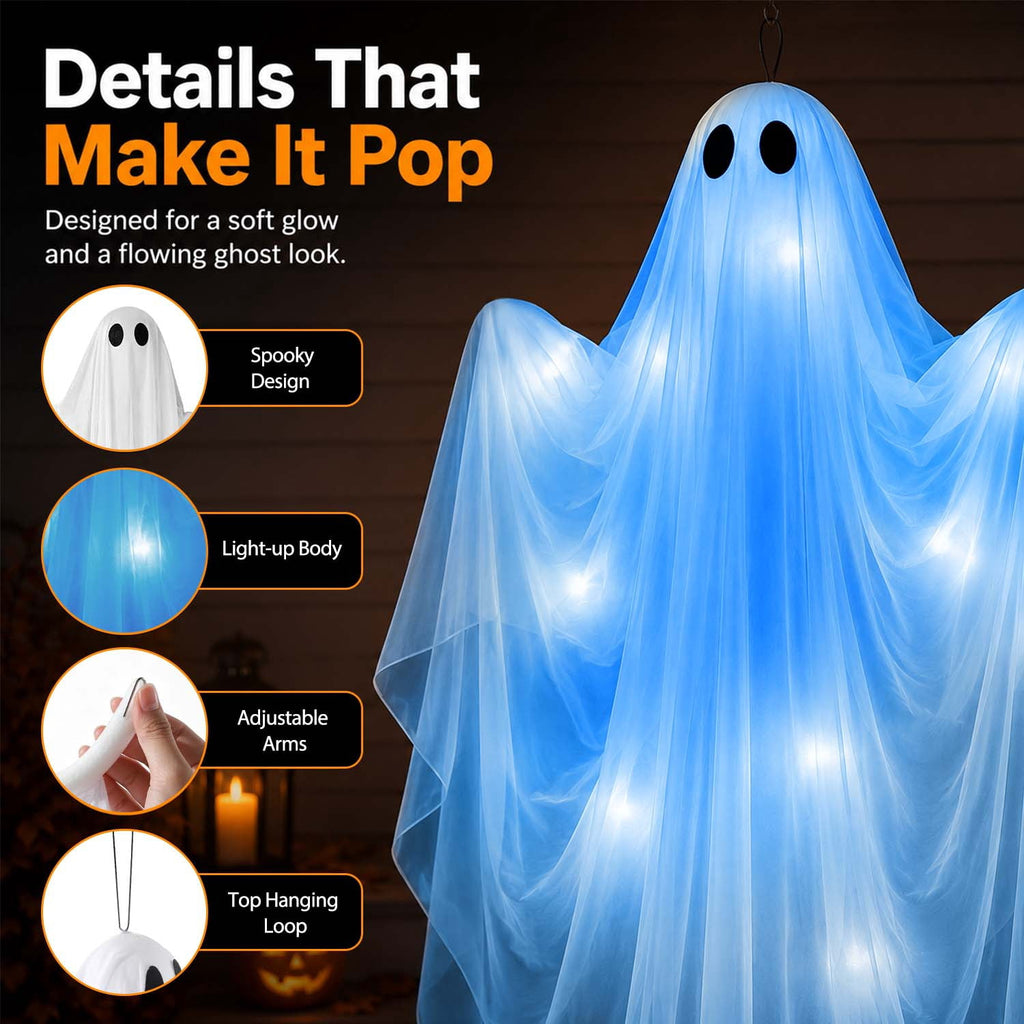 Ayieyill Halloween Ghost Decor with Blue LED Light, 47” Light up Hanging Ghost Halloween Yard Porch Decorations Outdoor