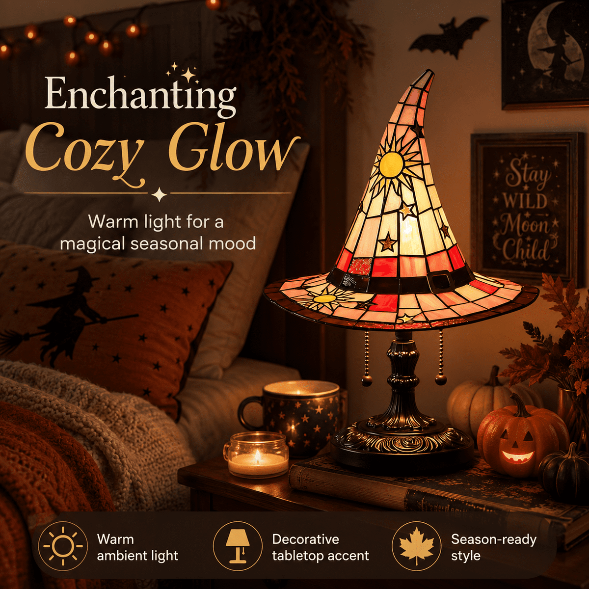 Diceymbol 11.81 Inch Halloween Ghost Night Light, Witch Hat Ghost Lamp with Jack O Lantern, Halloween Decorations Indoor for Table Mantel Party Decor