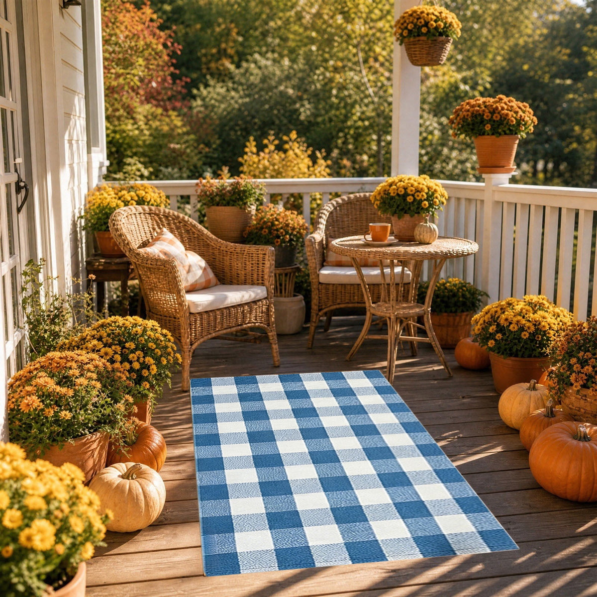 Orange Plaid Fall Outdoor Mat, Hand-Woven Porch Rug for Thanksgiving Halloween Door Decor