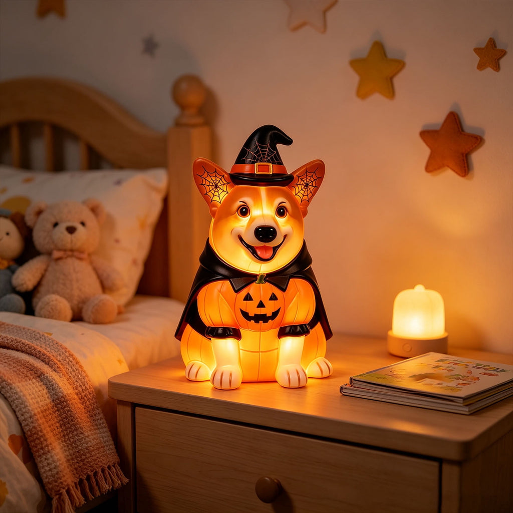 Clearance! Halloween Light‑Up Dog Figurine, 7.9in Scarecrow Dog Statue with Glowing Pumpkin, Waterproof Resin Table Yard Decor