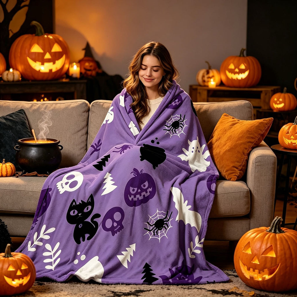 Halloween blanket,Halloween Print Throw Blanket Flannel Soft Cozy Decorative Nap Blanket with Ghost Pumpkin Skull for Office Bedroom Sofa Camping Travel(100x150cm/39x59 Inch),Black