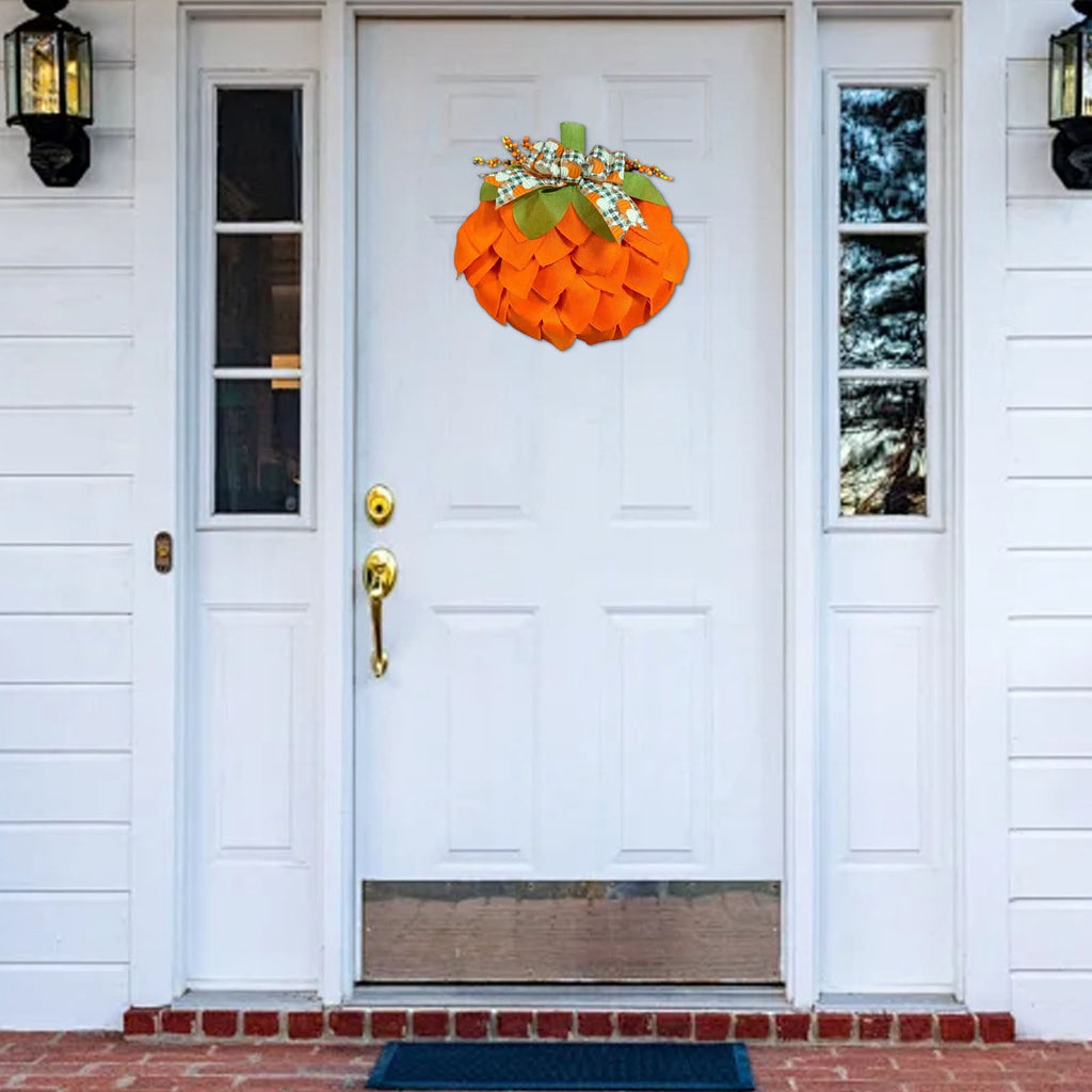 CASAFUN Autumn Pumpkin Wreath with Bows and Berries,Front Door Fall Decorations for Home Porch,Burlap Pumpkin Garland for Autumn Fall Halloween Christmas Thanksgiving Wall Decor