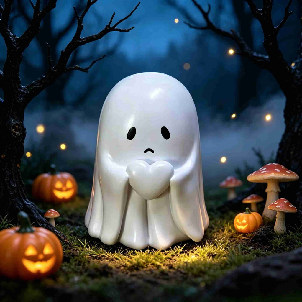 Halloween Ghost Figurine, Ghost Girl with Pink Bow & Hot Drink, Funny Ghost Statue Halloween Decor for Gift, Cute Spooky Tabletop Ornament for Home, Mantle, Desk & Party Decoration