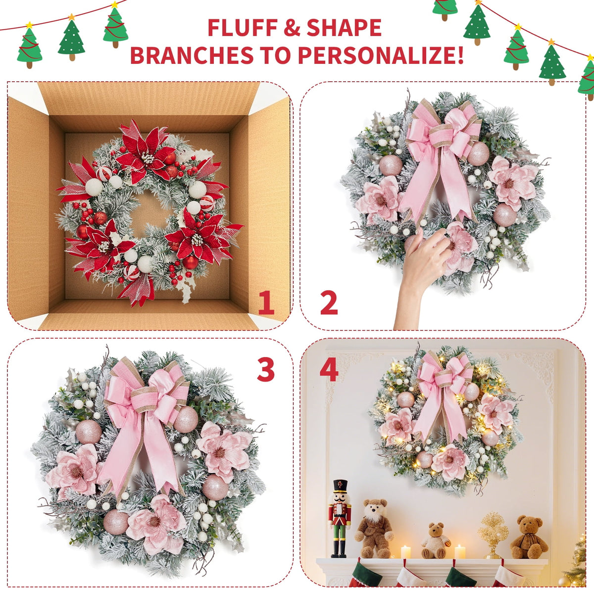 JoanKaren 24 inch Large Christmas Wreath Silver White with 20 LED Lights,Prelit Xmas Wreath w/ Ball Ornaments Pine Cone