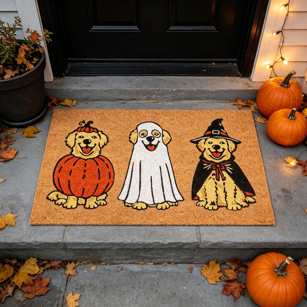 Halloween Dog Door Mat 16x24", Golden Retriever Ghost Pumpkin Welcome Rug for Porch, Halloween Outdoor Decorations