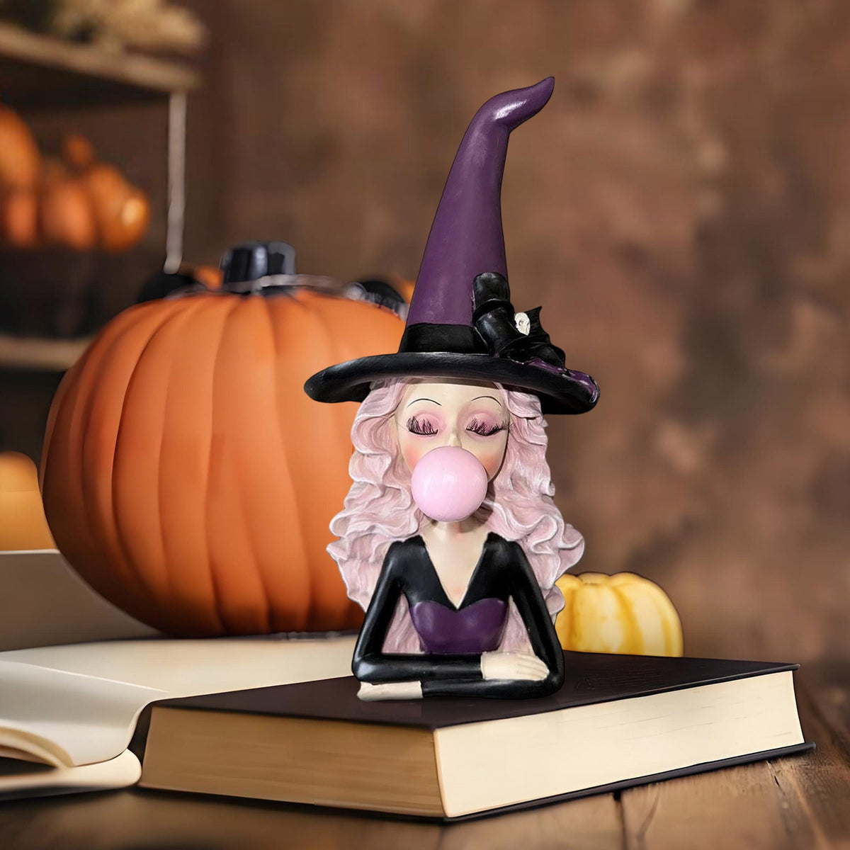 Halloween Ghost Figurine, Ghost Girl with Pink Bow & Hot Drink, Funny Ghost Statue Halloween Decor for Gift, Cute Spooky Tabletop Ornament for Home, Mantle, Desk & Party Decoration