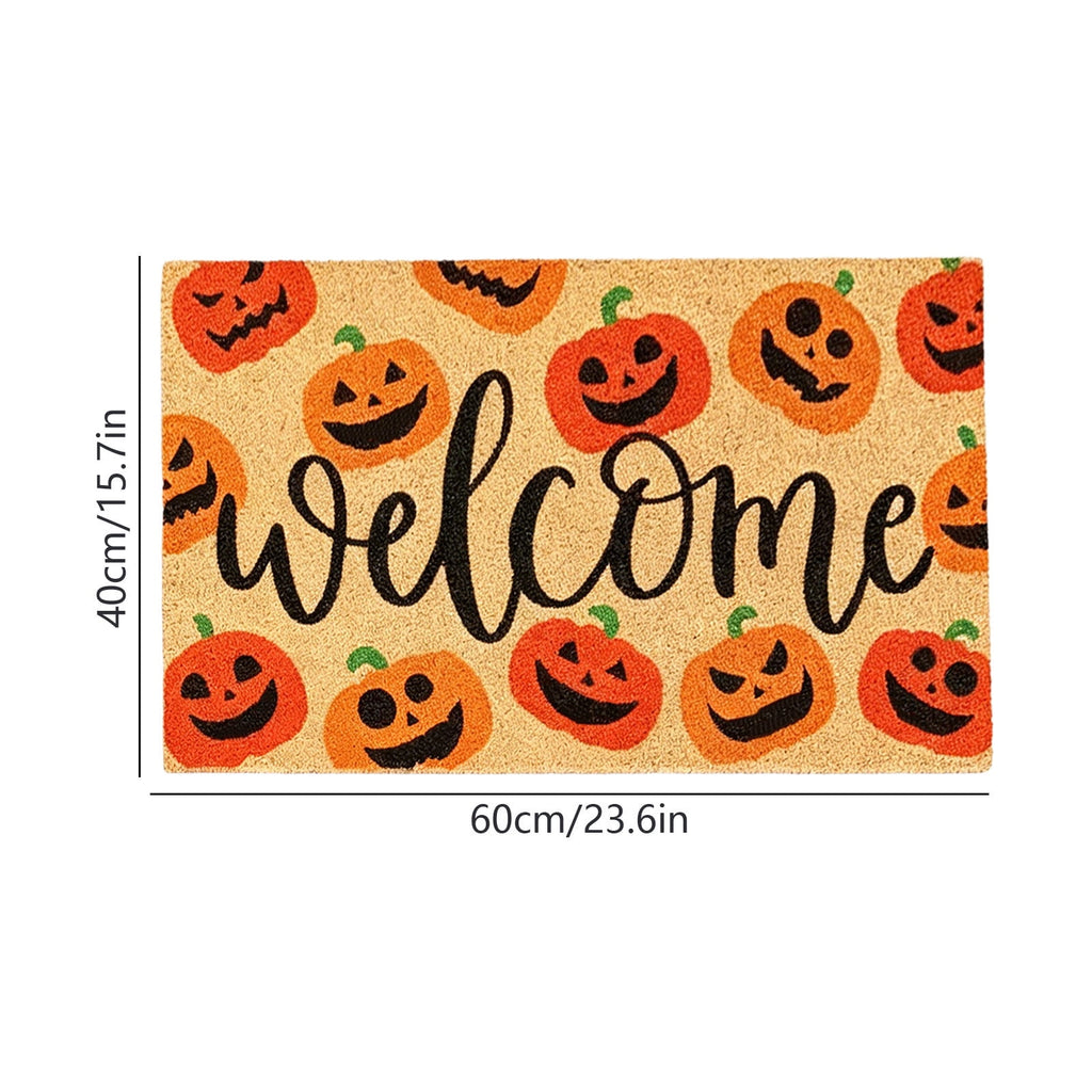Fllostpr Halloween Pumpkin & Crow Welcome Doormat for Front Door, Non-Slip Vintage Brown Coir Floor Mat for Outdoor Porch Entryway Decor,16x24 Inch