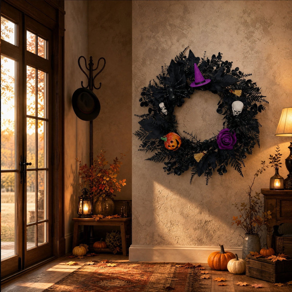 Gcvizuso Halloween Crescent Floral Wreath, Orange Red Rose Hydrangea Fall Front Door Decor for Autumn Harvest Celebration