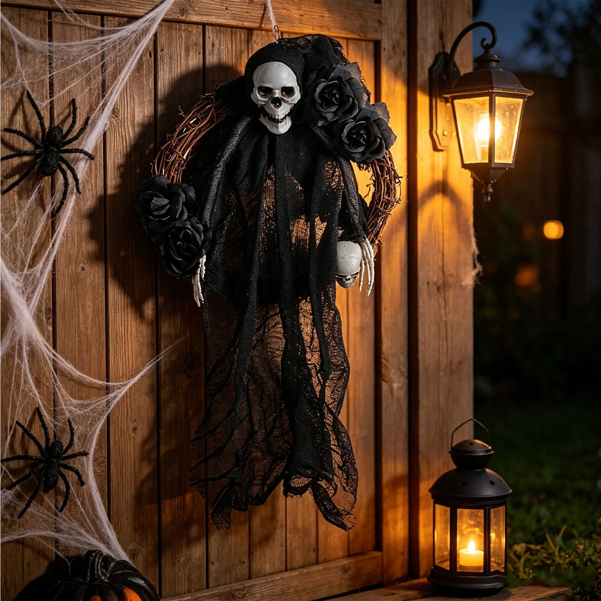 Halloween Ghost Decor Halloween Wreath for Front Door Spooky Gothic Halloween Rattan Wreath with Skull Rose Halloween Skeleton Decoration for Indoor Outdoor Porch Wall Home Decor