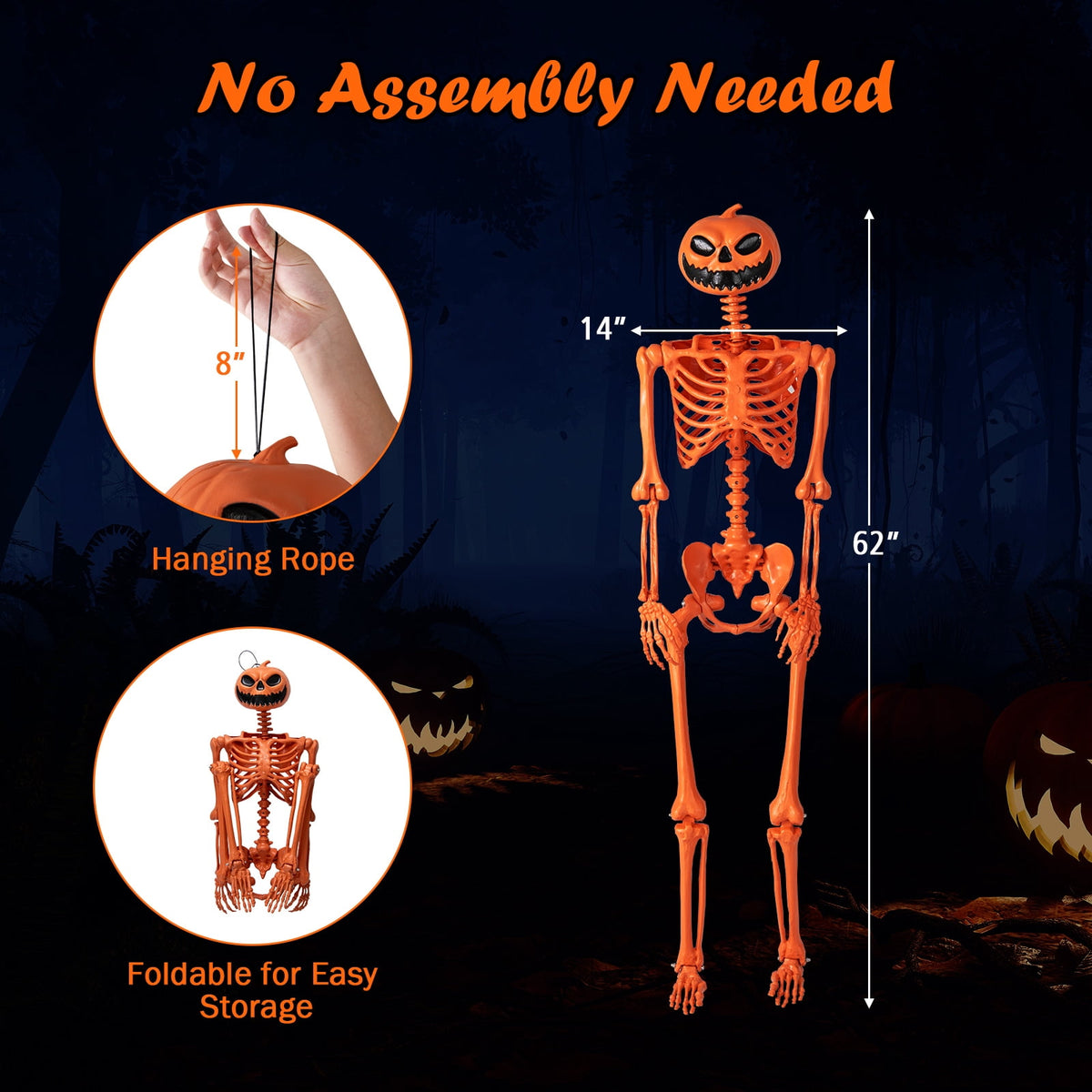 Costway 5.5 FT Poseable Halloween Skeleton Life-Size Decoration with Built-in Lights Green
