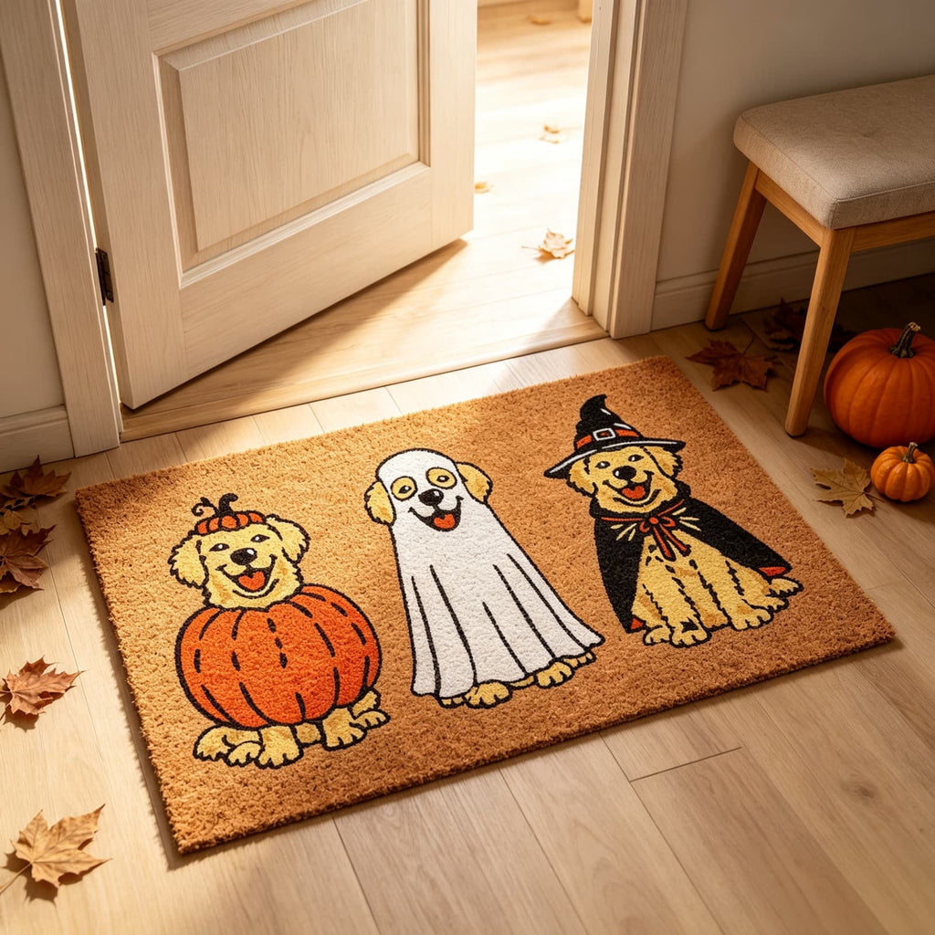 Halloween Dog Door Mat 16x24", Golden Retriever Ghost Pumpkin Welcome Rug for Porch, Halloween Outdoor Decorations