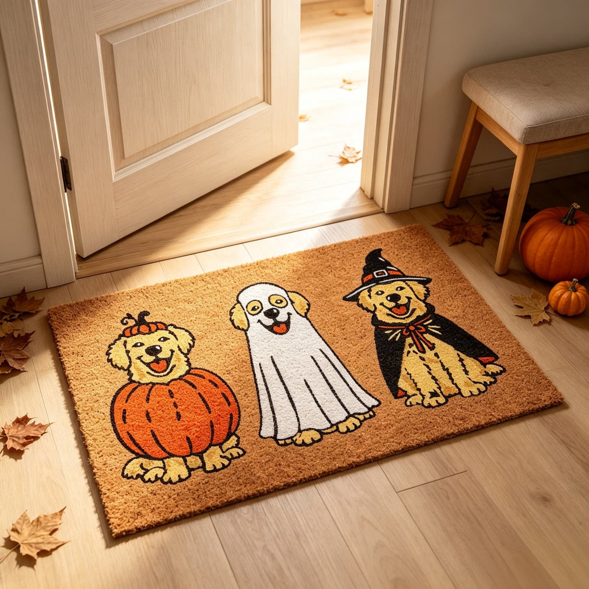 Halloween Dog Door Mat 16x24", Golden Retriever Ghost Pumpkin Welcome Rug for Porch, Halloween Outdoor Decorations