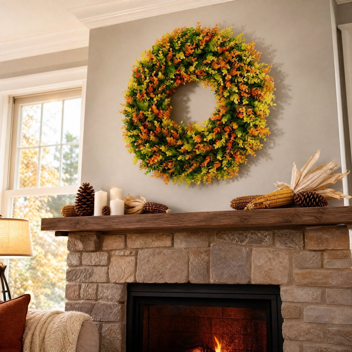 ICQOVD Halloween Pumpkin Maple Leaf Wreath with Skeleton Ornament Orange Black Bow Front Door Hanging Fall Home Decoration 15.75*15.75*3.15IN