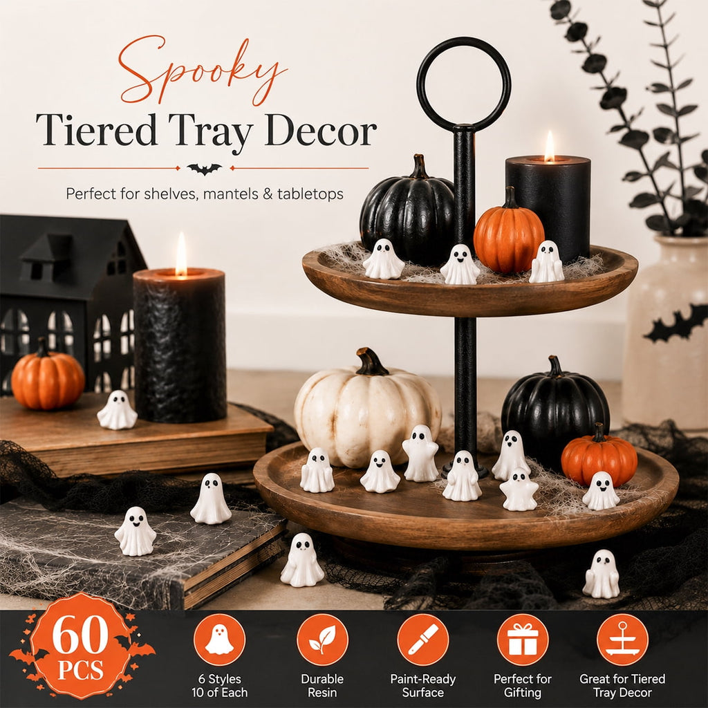 Mini Ghosts Figurines,Tiny Halloween Miniatures for Spooky Tiered Tray Decor,Home Tabletop Shelf Centerpieces,Party Favors Gift,60 Pcs