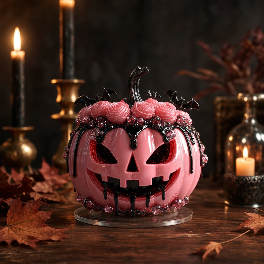 XIA0LE Pink Jack O Pumpkin Figurine With Pink Roses Black Bat Decor Plaque Decoration, Gothic Pink Pumpkin Statue, Spooky Cute Halloween Tabletop Mantel Home Decor Ornament