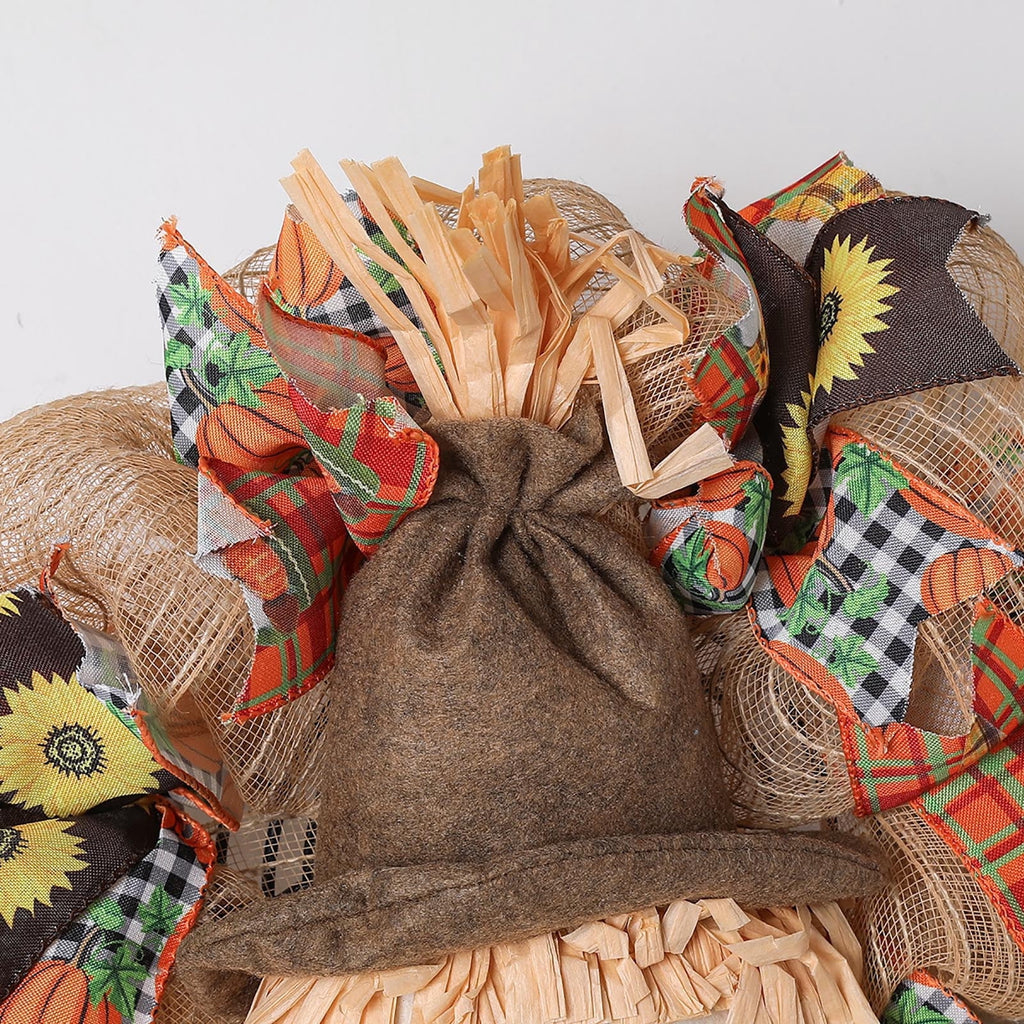 sruoe 24" Wreaths for Front Door Fall Cute Scarecrow Wreath with Hat Legs Sunflower for Halloween Party Pendant, Wall Window Decor, Festival Outdoor Hanging Ornament