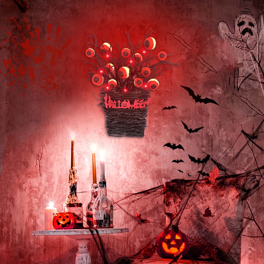 Halloween Wreaths for Front Door,Halloween Eyeball Wreaths LED Light Up Halloween Flower Basket Wreath Scary Vintage Halloween Wreaths for Home Door Wall Window Party Decorations