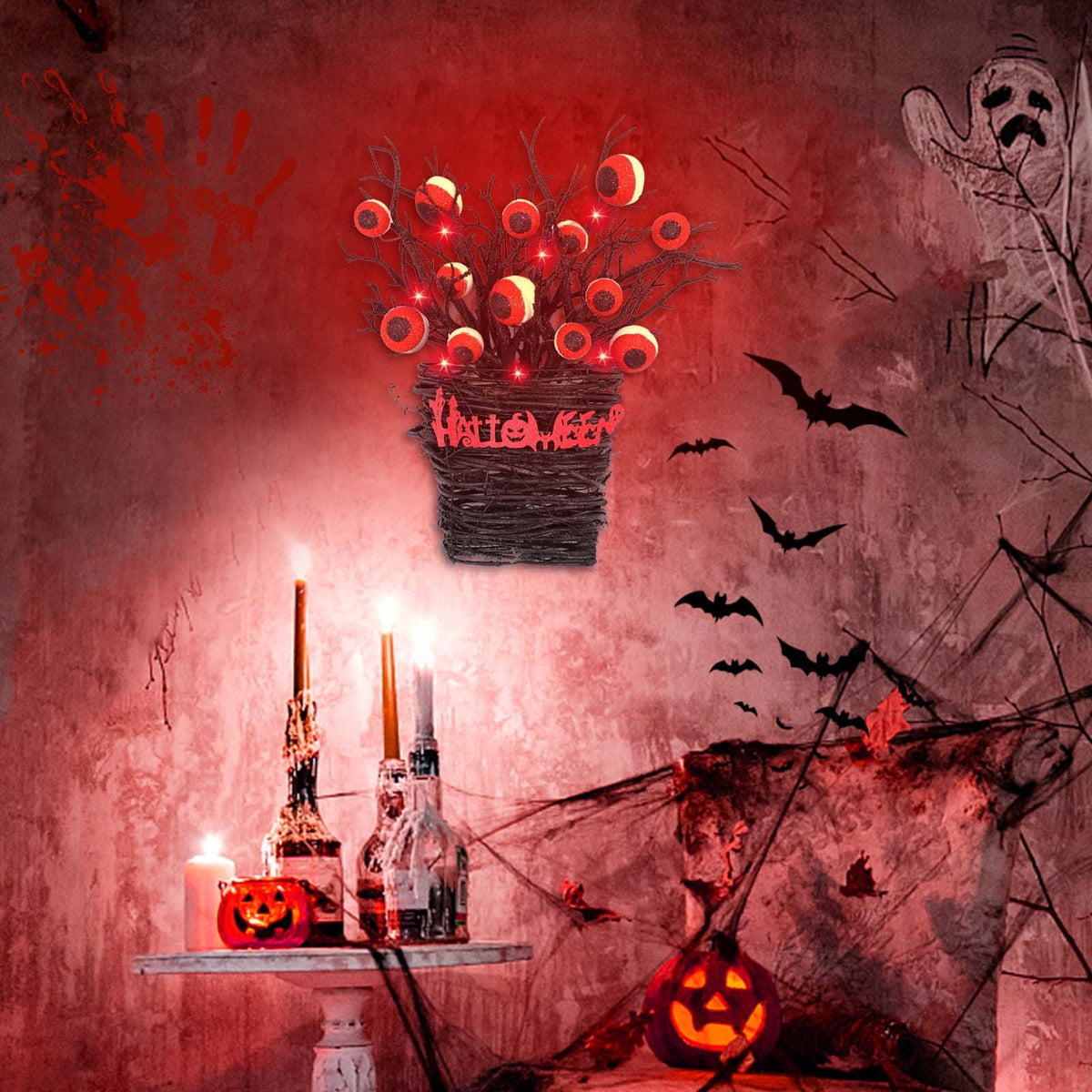 Halloween Wreaths for Front Door,Halloween Eyeball Wreaths LED Light Up Halloween Flower Basket Wreath Scary Vintage Halloween Wreaths for Home Door Wall Window Party Decorations