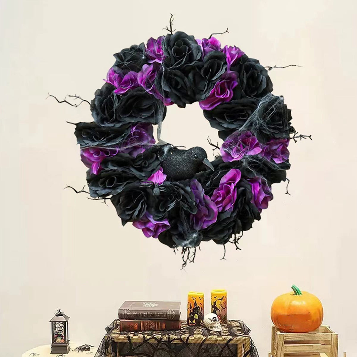 Fankiway Halloween Wreaths for front door, Halloween Black Flower Wreath Wall Door Hanging Festival Party Decor, Halloween Outdoor Wreath, Halloween Decorations