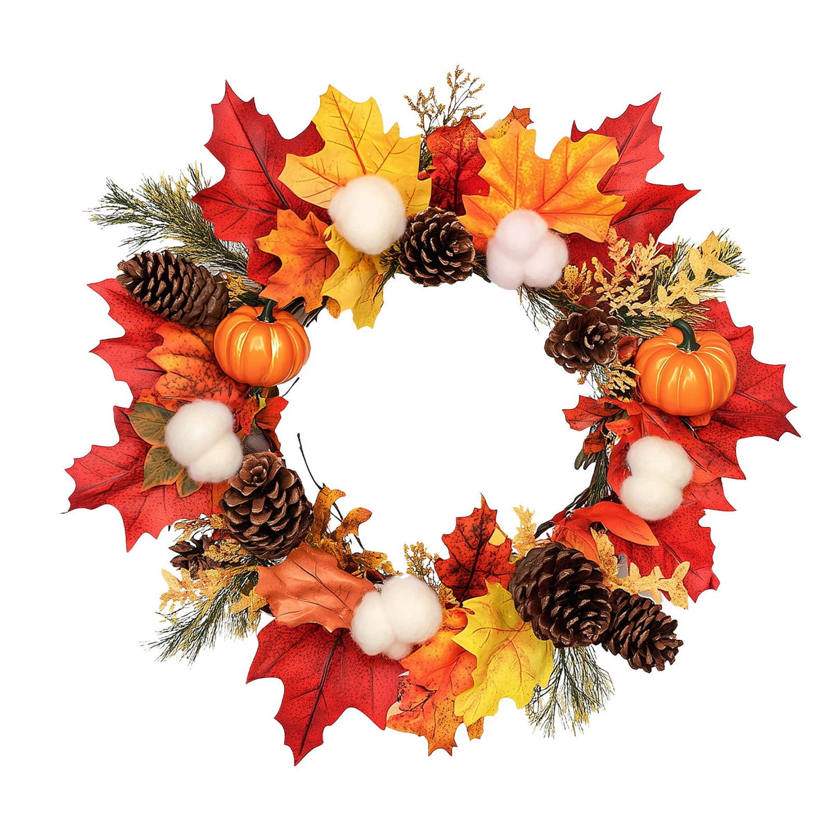 Halloween Thanksgiving Fall Wreath with Pumpkin, Berries, Pine Cones and Maple Leaves, Indoor Outdoor Door Wall Hanging Decor for Home, Party and Seasonal Celebration
