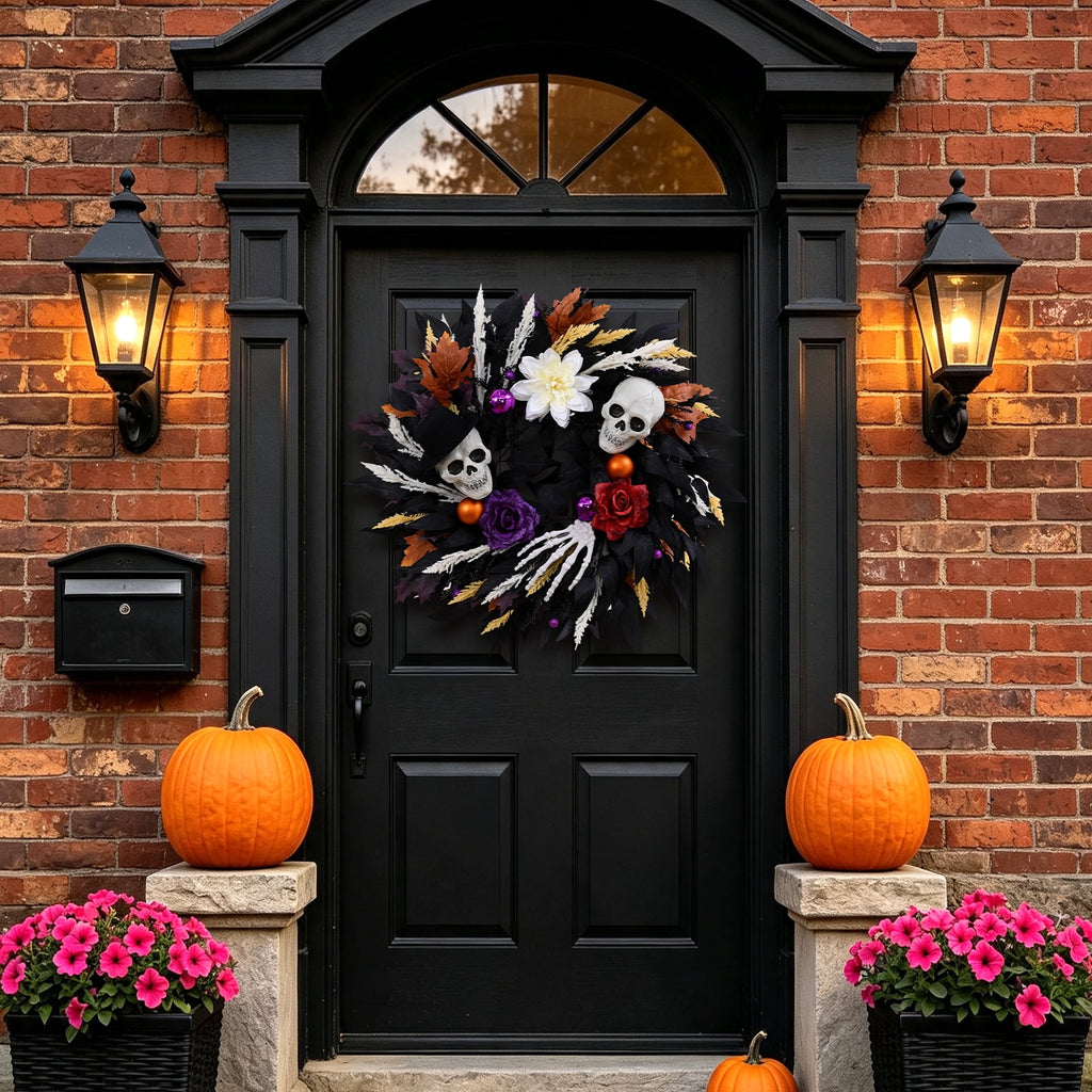 Lyacmy Halloween Wreath for Front Door Halloween Skeleton Decorations, Wreath with Skull Maple Leaves for Window Indoor Outside Home Party Decor