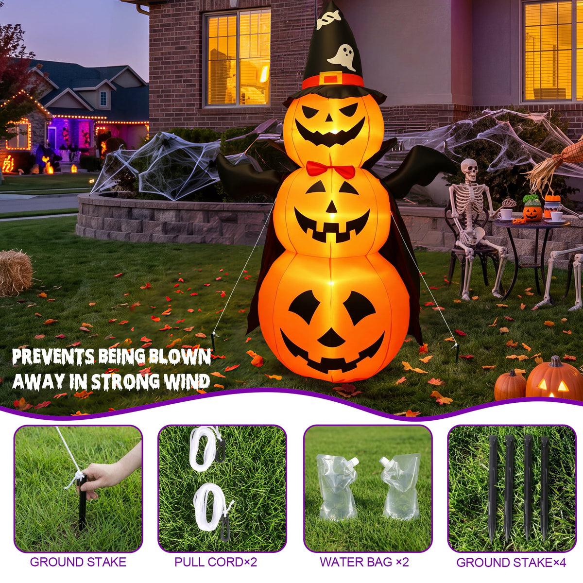MAGOTAN 8 ft Halloween Inflatable Pumpkin Halloween Inflatable Pumpkins Ghost Tombstone Outdoor Yard Decoration Build-in 7 LED White Lights