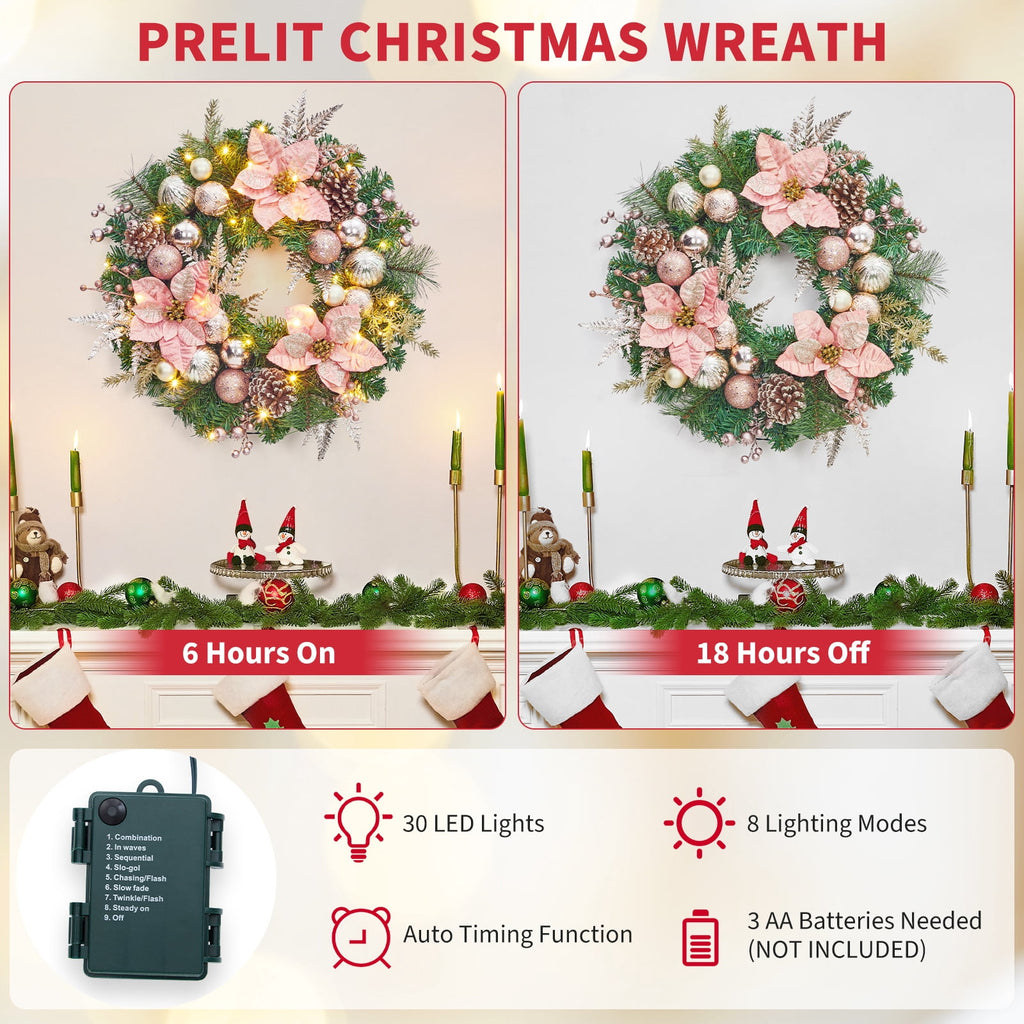 JoanKaren 24 inch Large Christmas Wreath Silver White with 20 LED Lights,Prelit Xmas Wreath w/ Ball Ornaments Pine Cone