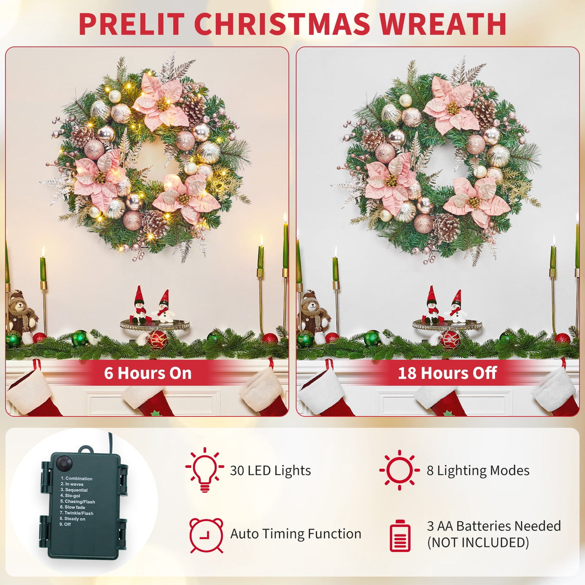 JoanKaren 24 inch Large Christmas Wreath Silver White with 20 LED Lights,Prelit Xmas Wreath w/ Ball Ornaments Pine Cone