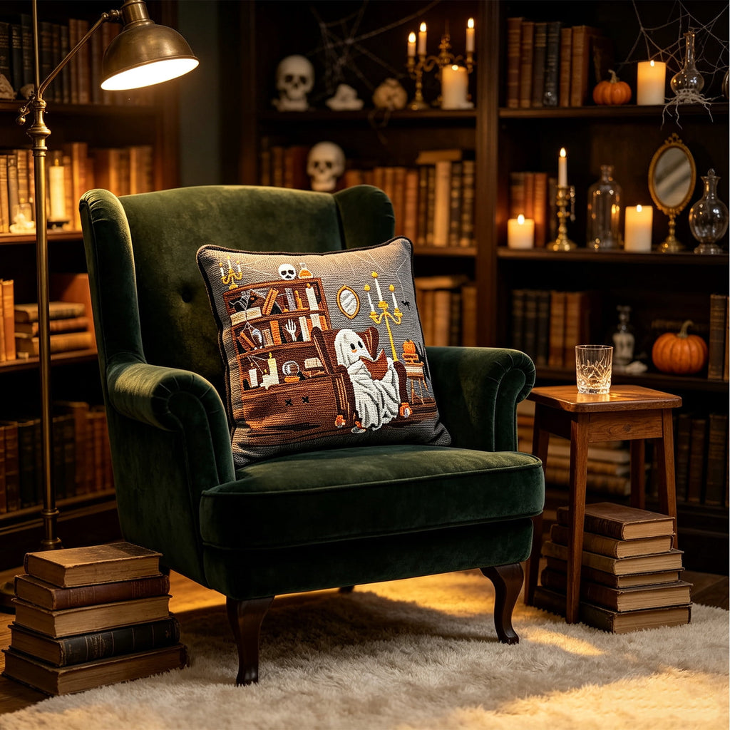 Cute Reading Ghost Plush Throw Pillow, Halloween Book & Pumpkin Bucket Ghost Stuffed Cushion, Spooky Season Decorative Pillow, for Sofa, Bedroom, Party Decor