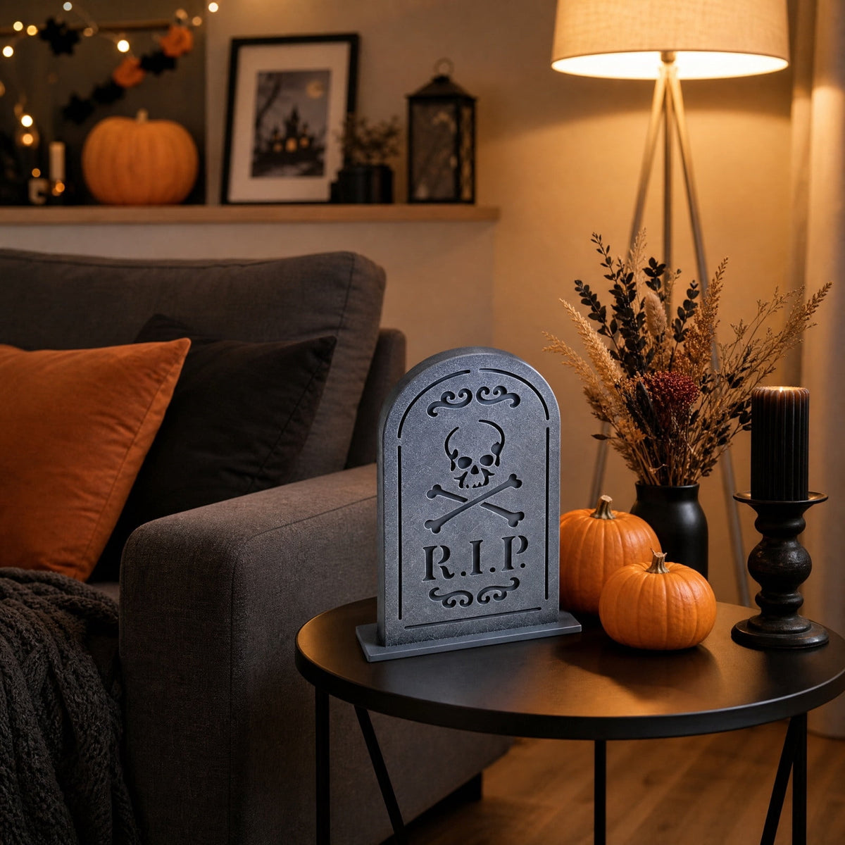 AURIGATE Lit Halloween Tombstone Decoration, Resin Light Up Tombstone with Skeleton Hands, for Tabletop Mantel Spooky Party Decor