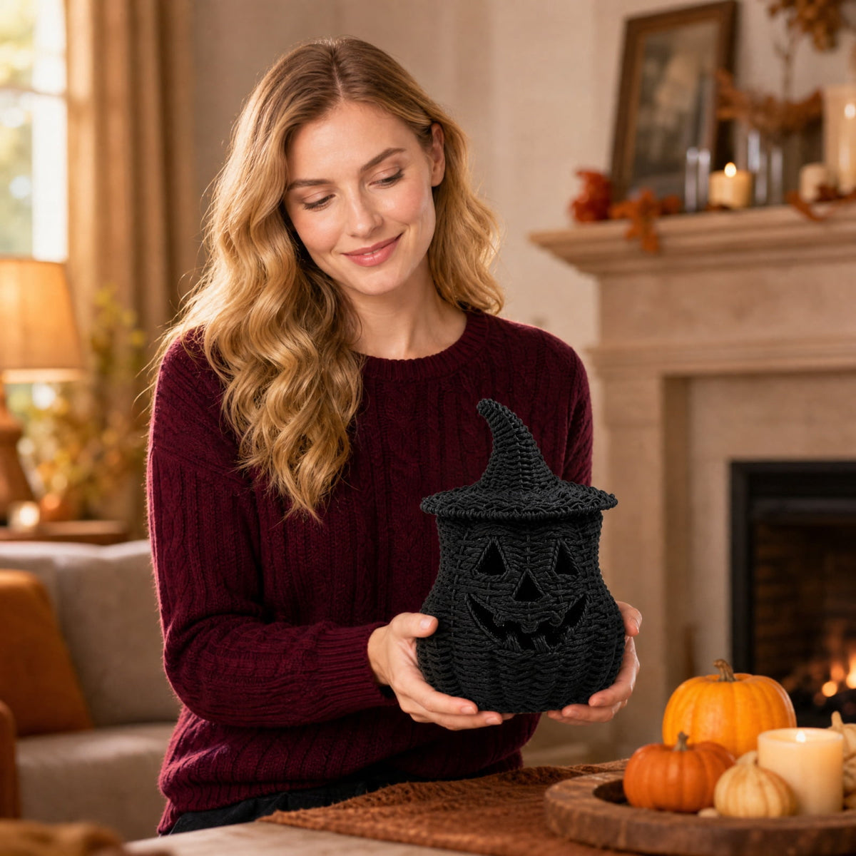 THOPBPRK 2026 Black Halloween Woven Pumpkin Jack-O'-Lantern, Halloween Decorations Pumpkin, USE LED Candle, Rattan Fall Halloween Decor for Home, 1Pack 11.8 Inch A