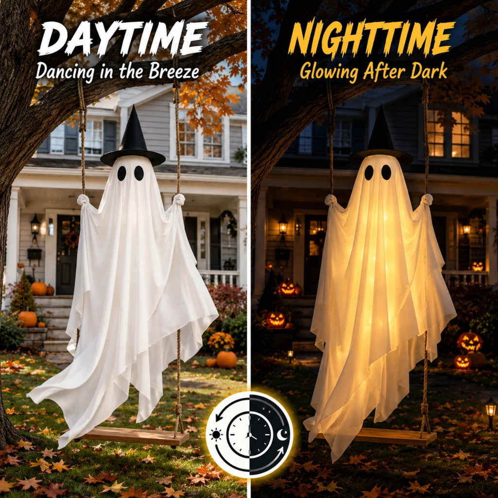 Light Up Swinging Ghost Outdoor Decor, 6.56FT Pre-Assembled LED Hanging Ghost on Swing with Remote Control, Halloween Decorations Outdoor for Porch Yard Tree