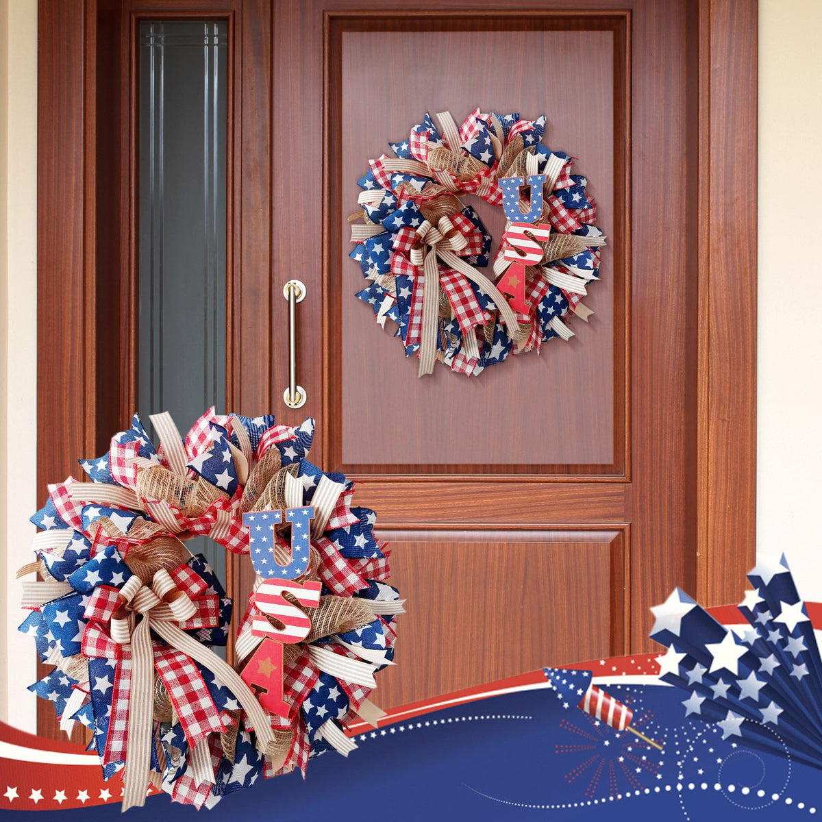 Nkmbld 4th of July Wreaths for Front Door, Independence Day Wreath Red White Blue Flower Wreath for Independence Day Memorial Day Flag Day Decor