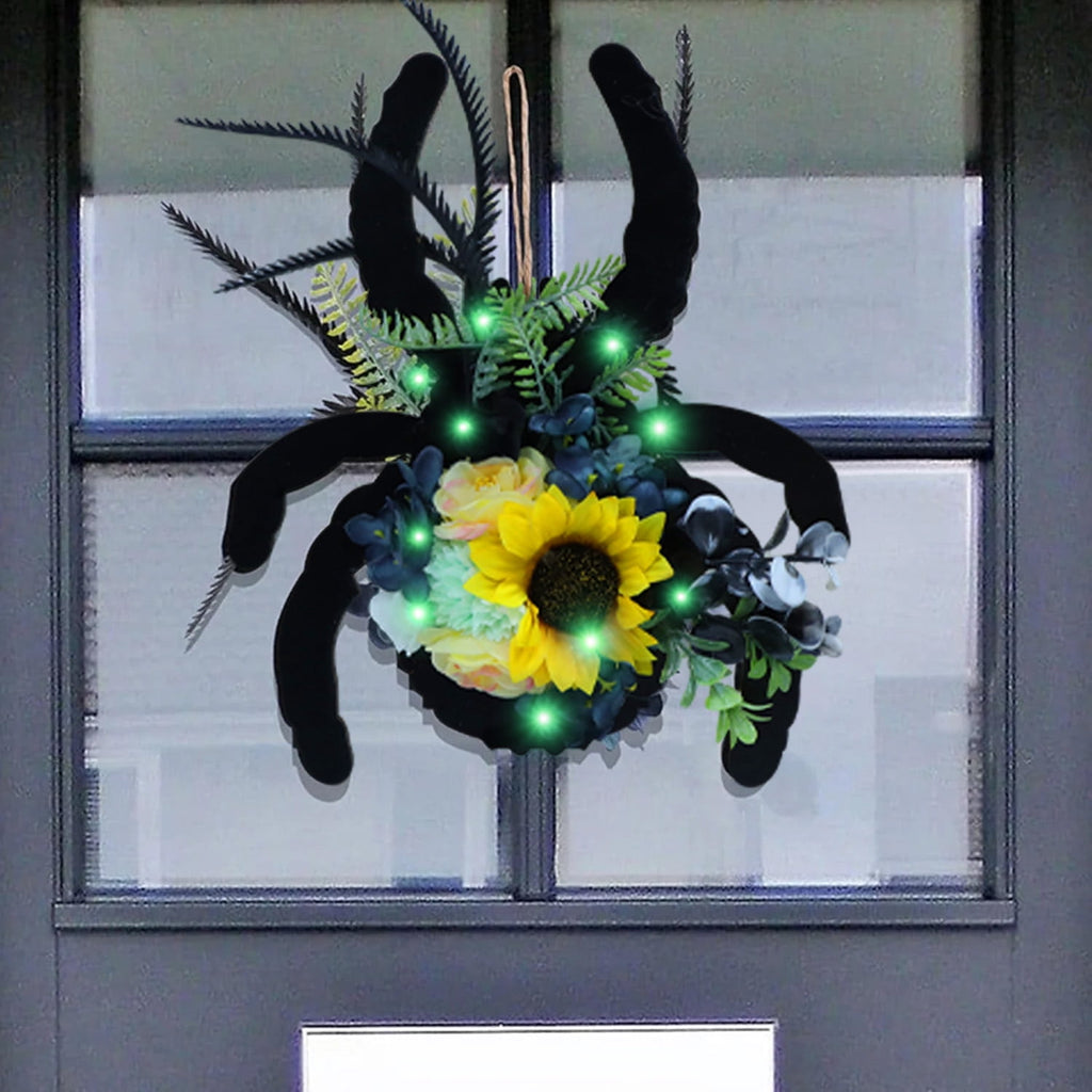 Halloween Door Hanger Wreath Spider Decorations, 30cm Halloween Party Cute Spider Artificial Flower Wreaths Decor with Lights for Front Door Farmhouse Porch Wall Decor Outdoor,Halloween Decorations