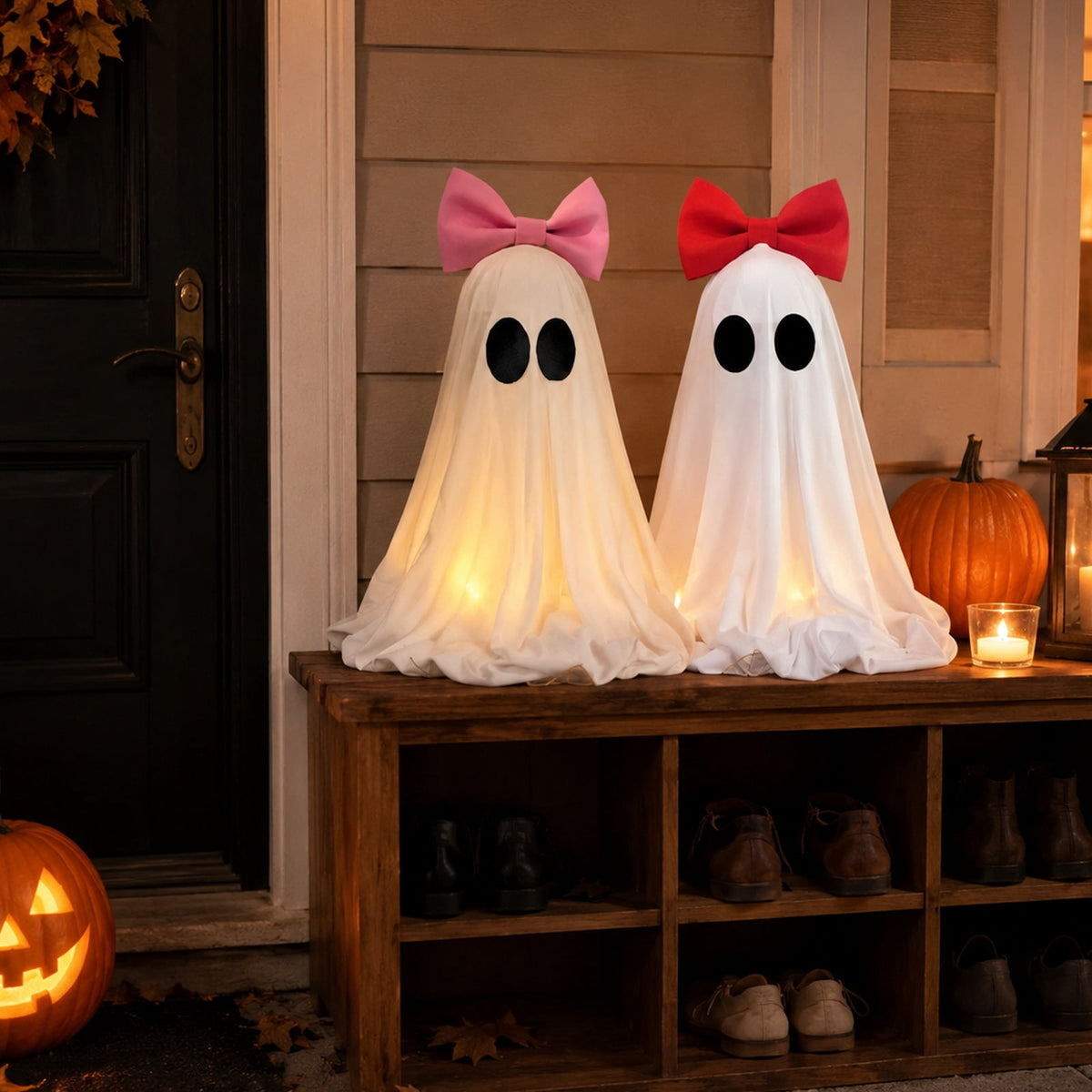 Halloween Decorations Indoor Light Up Ghosts with Bow, Easy to Assemble Light Up Spooky Ghosts Decoration Halloween Party Decorations for Porch Yard Mantel Home