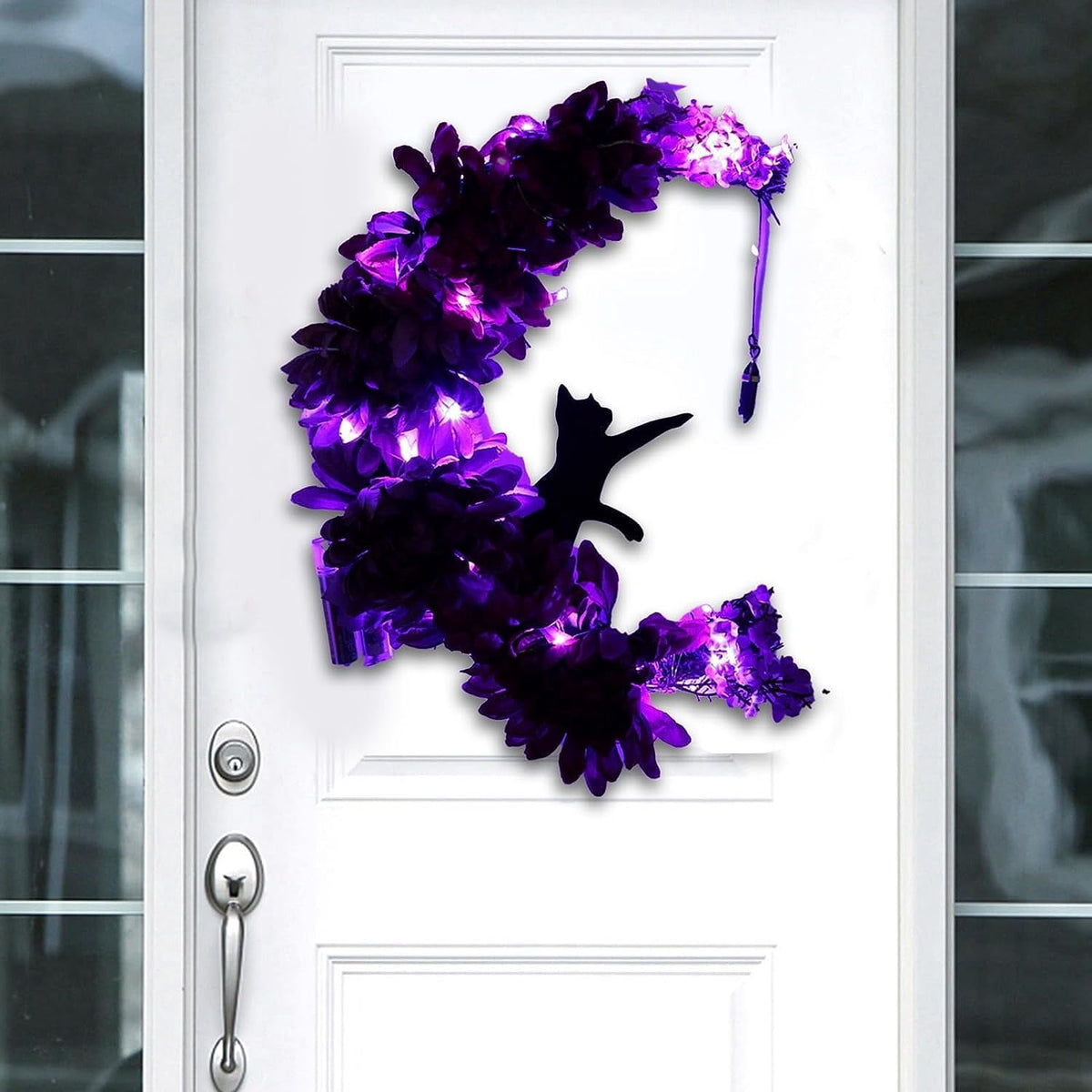Wiher Halloween Wreaths Decor with Lights for Front Door, 13.77" Halloween Moon Wreath with Black Cat Wood Wreath Halloween Wreath Horror Decorations for Home Party Window Wall Indoor Outdoor B