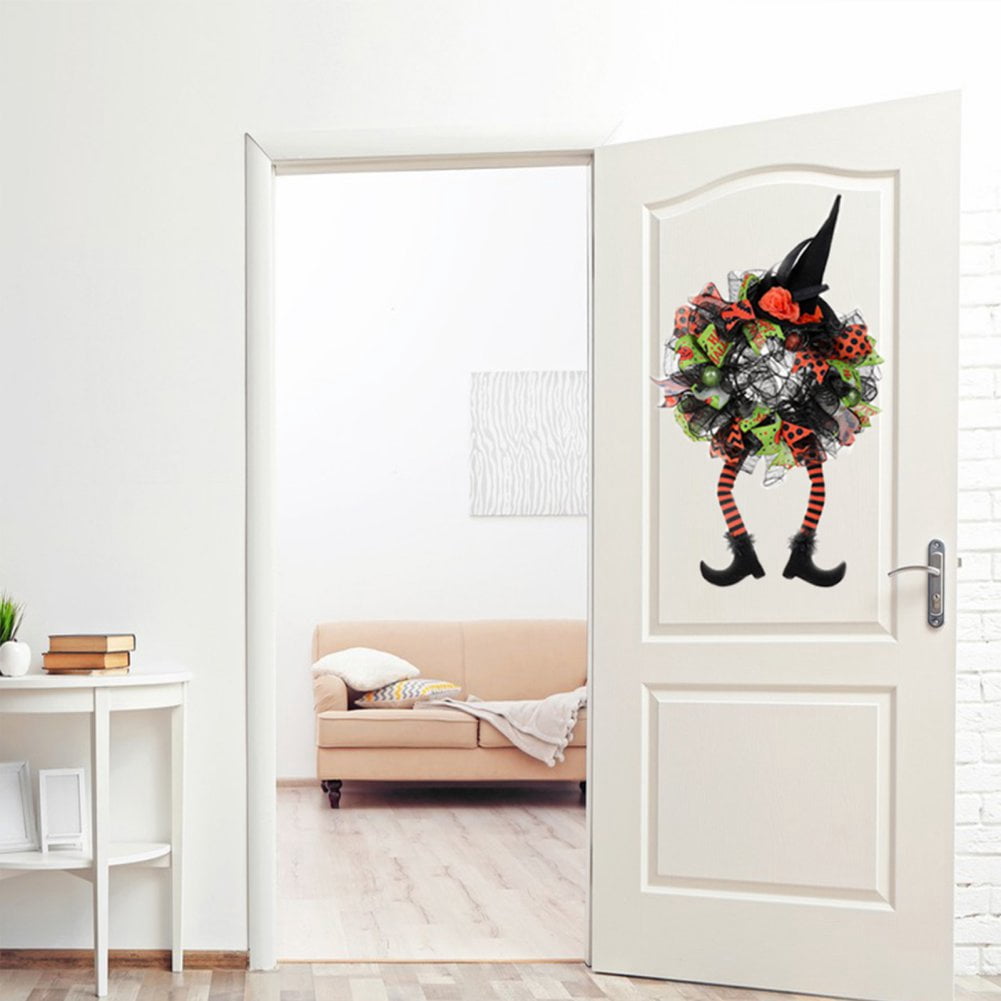 Halloween Wreaths, Halloween Decorations Witch Hat and Legs Wreath, Front Door Wall Light up Wreath Ornaments Holiday Party Halloween Thanksgiving Decor