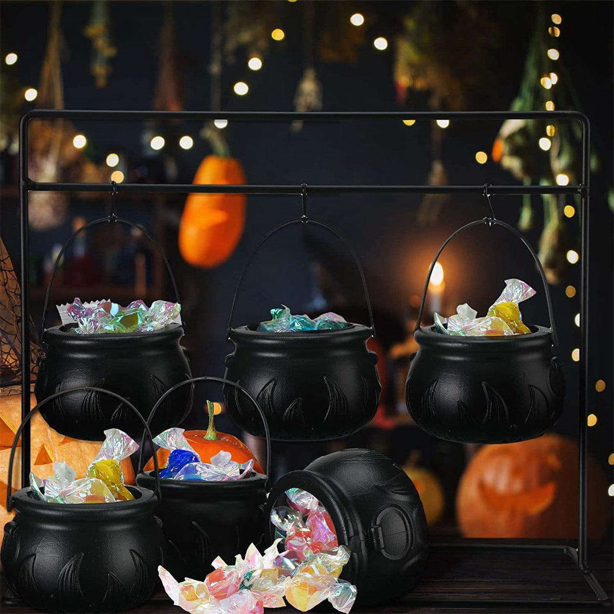Halloween Witches Cauldron Serving Bowls Set of 3 on Rack - Black , Skeletons, Candy Punch Bowl, for Home Kitchen Indoor Outdoor, Party Decor, for Halloween Supplies