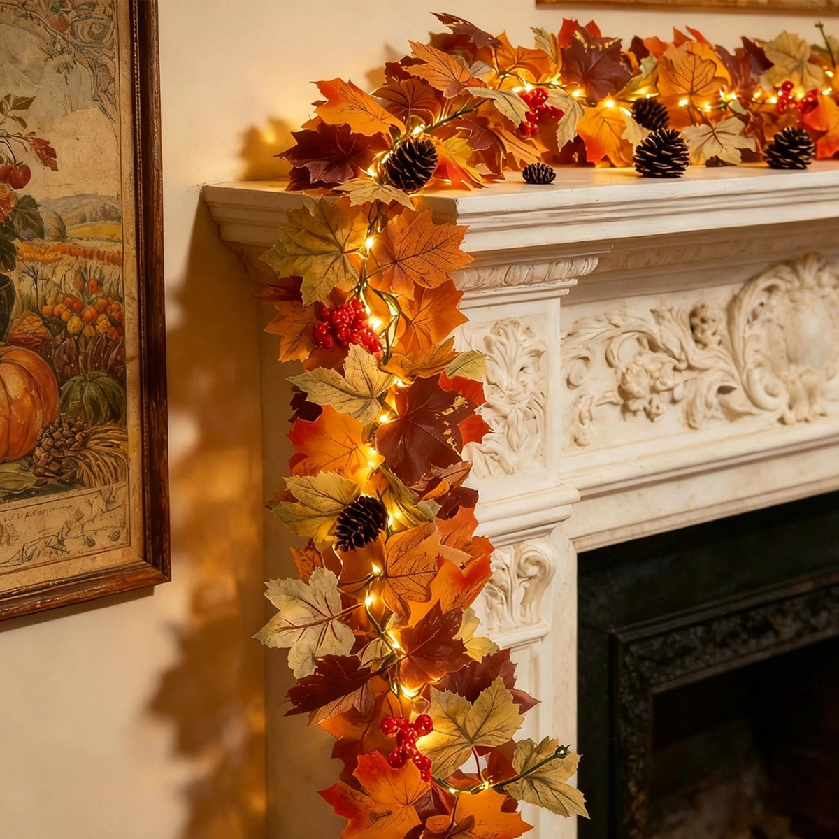 Fall Decorations for Home, 71 inch Fall Garland with Lights, Glowing Artificial Maple Leaves Home Decor Thanksgiving and Halloween, Bright colors