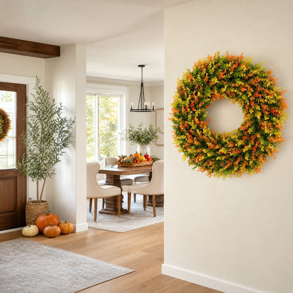 ICQOVD Halloween Pumpkin Maple Leaf Wreath with Skeleton Ornament Orange Black Bow Front Door Hanging Fall Home Decoration 15.75*15.75*3.15IN