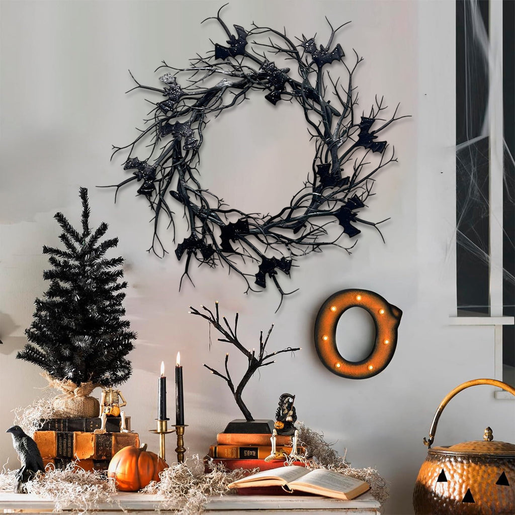 YOTQUSKI Halloween Wreaths for Front Door, 17.7" Artificial Dead Branch Bat Wreath, Black Bat Twig Window Door Decorations Hanging Party Props