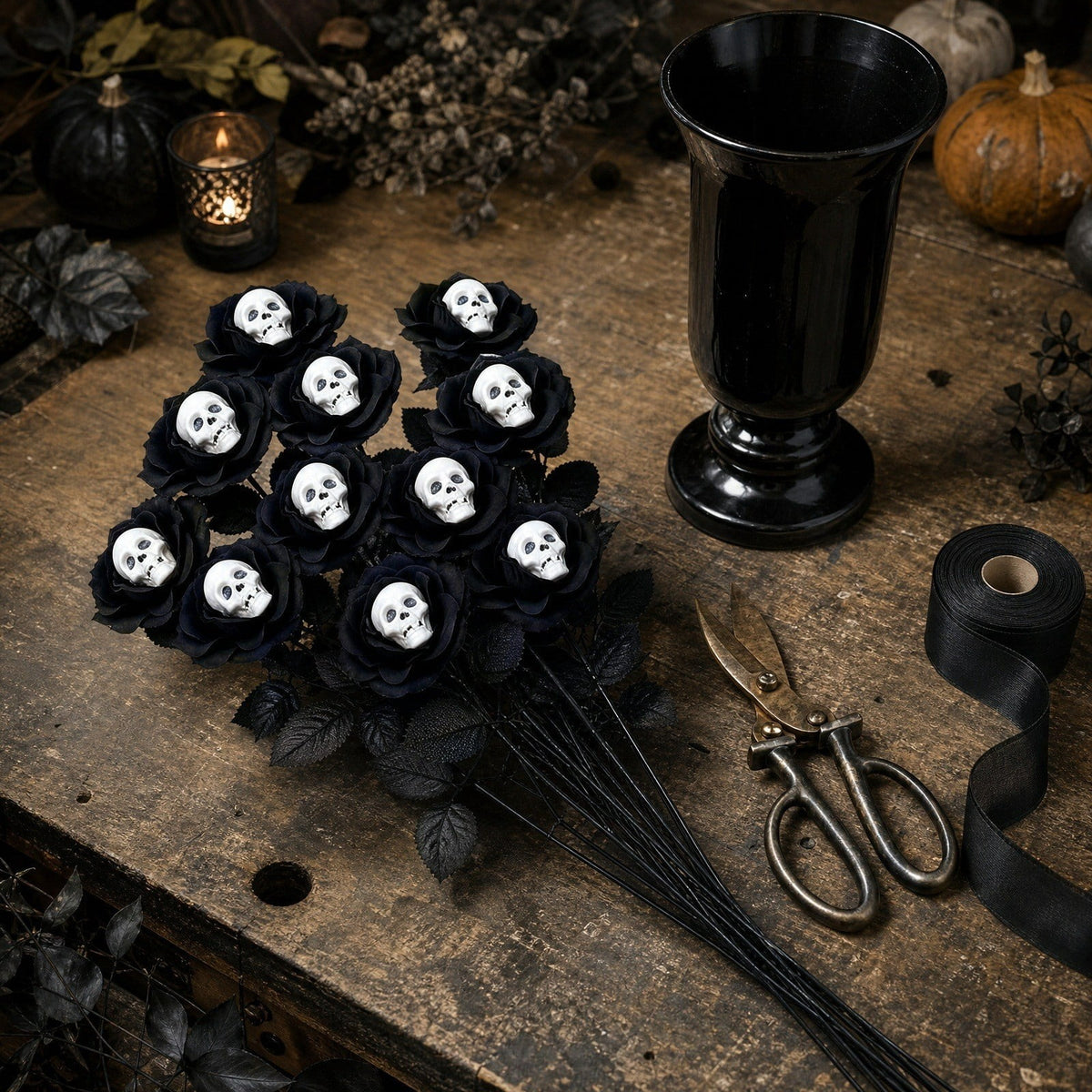 Halloween Artificial Rose Flower with Skull Head, Fake Silk Rose Bouquet, Red or Black Roses with Mini Skull