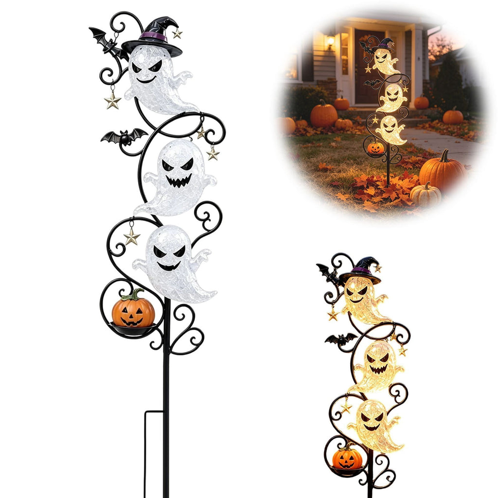 Solar Halloween Garden Stake Light, Bats & Spooky Ghosts Waterproof Solar Lantern Stake with Hanging Pumpkin, Outdoor Halloween Yard Decor for Garden Patio Lawn Pathway