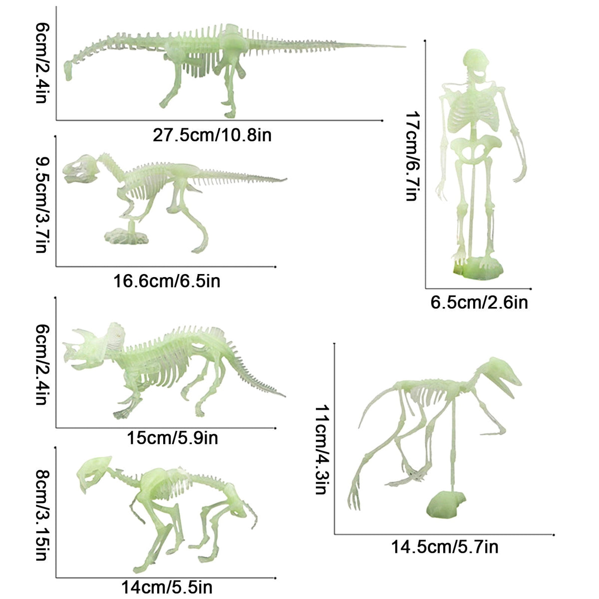Gqtwoy 6Pcs Noctilucent Dinosaur Human Skeleton Model, Glow-in-the-Dark Skull Toy for Halloween Party, Spooky Bones Decor for Home & Office, Ideal for Haunted House & Holiday Decorations