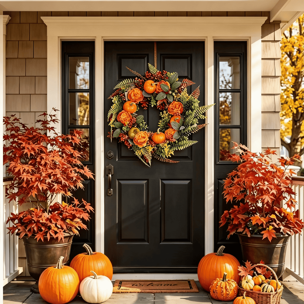 17.71 Inch Autumn Wreath with Pumpkin Leaves and Berries for Halloween Thanksgiving