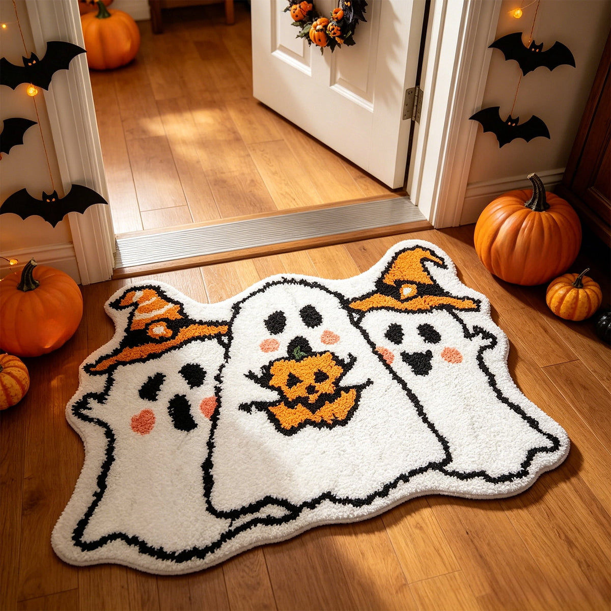 Halloween Wreath Shaped Rugs, Soft Indoor Mat for Entryway, Kitchen, Halloween Party, Pumpkin Witch Spooky Home Decor, 23.62x15.75 Inches