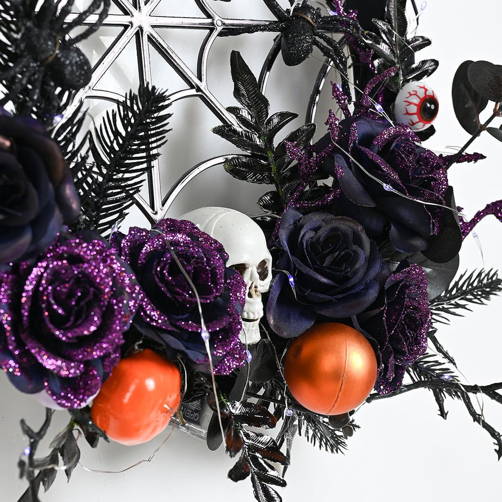 CASAFUN Halloween Wreath for Front Door 15 Inch Black Spider Web and Horror Skull Fake Flowers Ornamnets Scary Halloween Decor Spooky Home Party Fireplacce Window Wall Hanging Decor